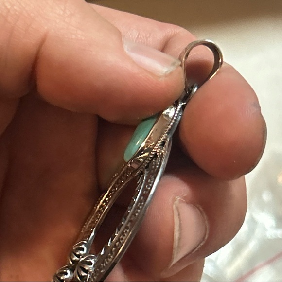 STERLING SILVER NATIVE KINGMAN TURQUOISE STAMPED FLOATING NAJA PENDANT 2 3/4” - Picture 8 of 11